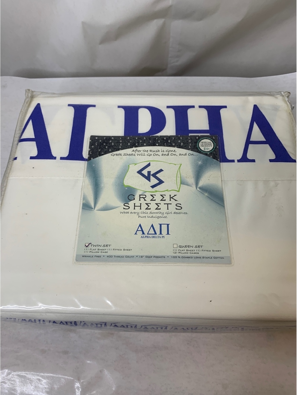 Alpha Delta Pi Greek Sheets Twin XL Size 100% Combed Long Staple Cotton White